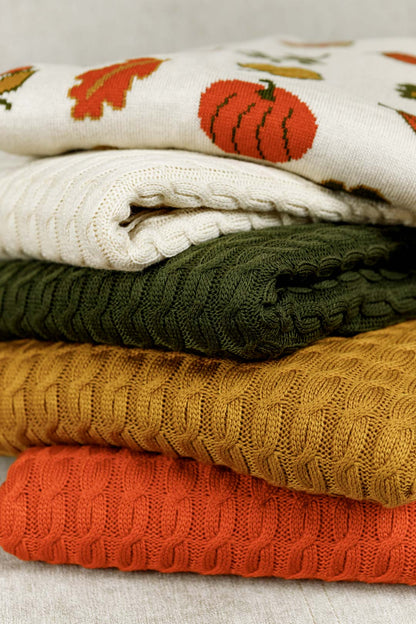 Orange Knitted Throw Blanket | Cozy Cable Knit Sofa Blanket | Soft Blanket for Couch or Bed | Autumn Home Decor Gift, Thanksgiving Housewarming Present