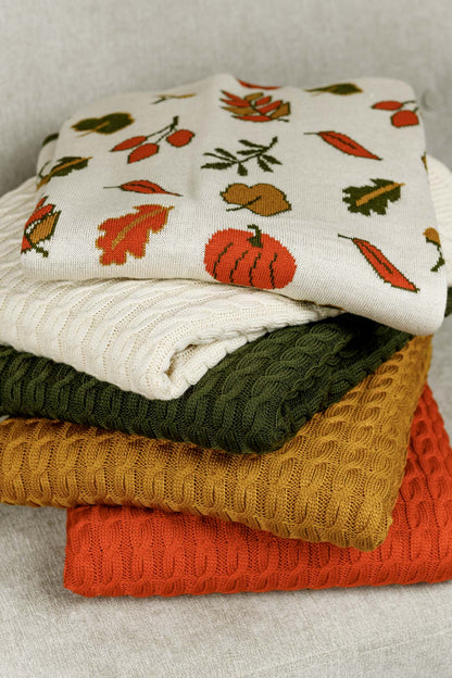 Knitted Fall Blanket | Pumpkin and Autumn Leaves Throw | Halloween Thanksgiving Home Decor | Cozy Living Room Gift