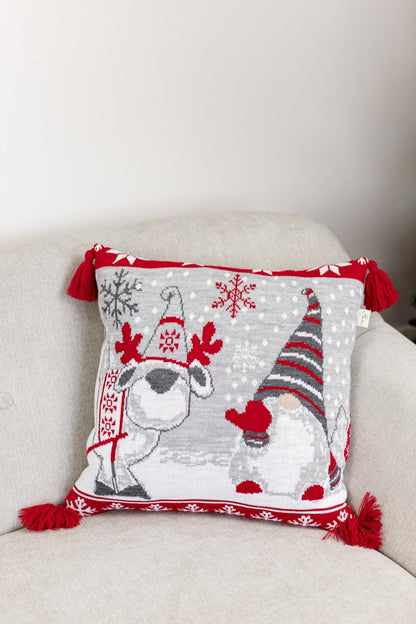 Grey And Red Knitted Blanket With Christmas Gnomes Pattern | New Year Home Decor, Throw And Pillow Cover Set