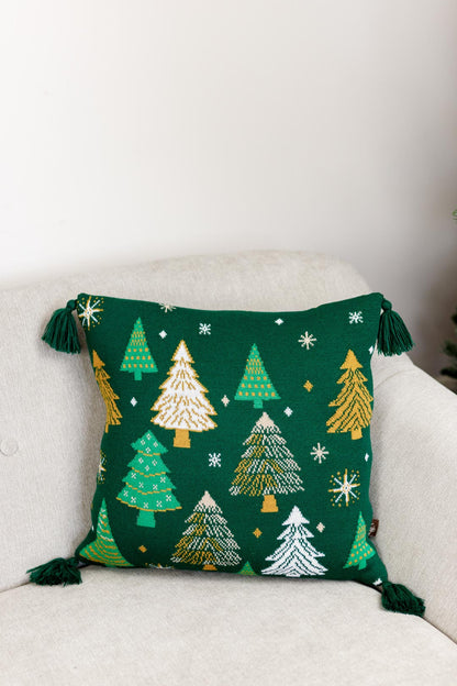 Green Knitted Blanket With Christmas Trees Pattern | New Year Home Decor, Throw And Pillow Cover Set