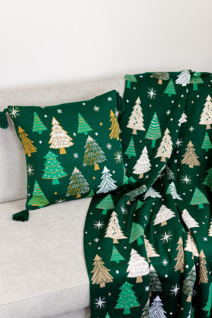 Green Knitted Blanket With Christmas Trees Pattern | New Year Home Decor, Throw And Pillow Cover Set