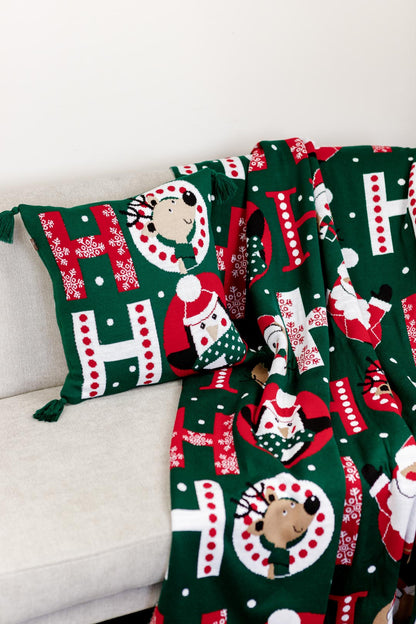 Green Christmas Knitted Pillowcase With Tassels, Ho Ho, Reindeer, Penguin, Snowman Pattern | New Year Home Decor, Throw And Pillow Cover Set