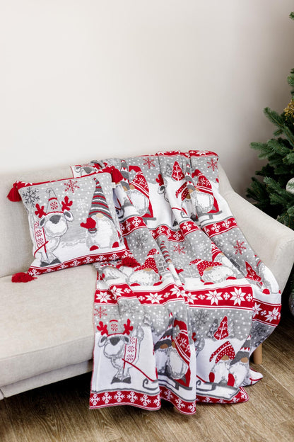 Grey And Red Knitted Blanket With Christmas Gnomes Pattern | New Year Home Decor, Throw And Pillow Cover Set