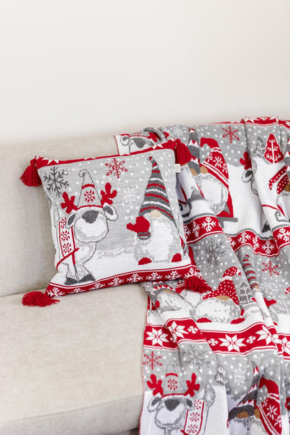 Grey And Red Knitted Blanket With Christmas Gnomes Pattern | New Year Home Decor, Throw And Pillow Cover Set