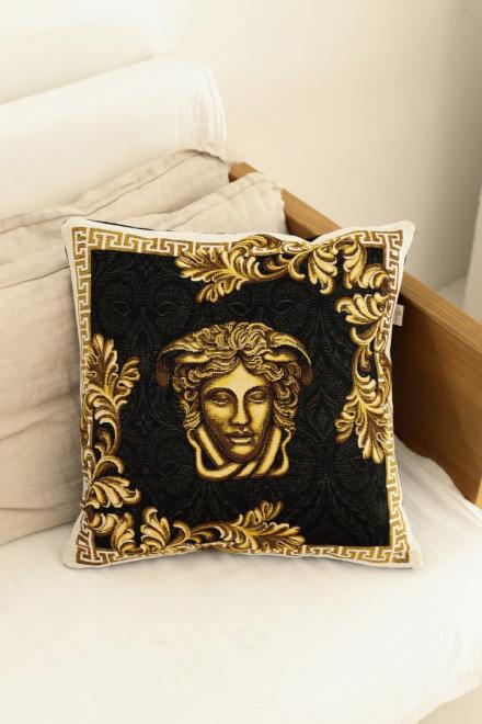 Luxury baroque Medusa pillowcase styled on a bed, black and gold home decor accent