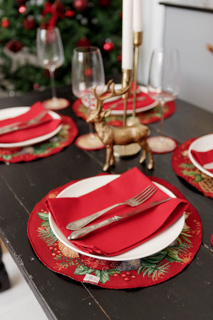 Luxury holiday placemats with red balls, pinecones and gold snowflakes design
