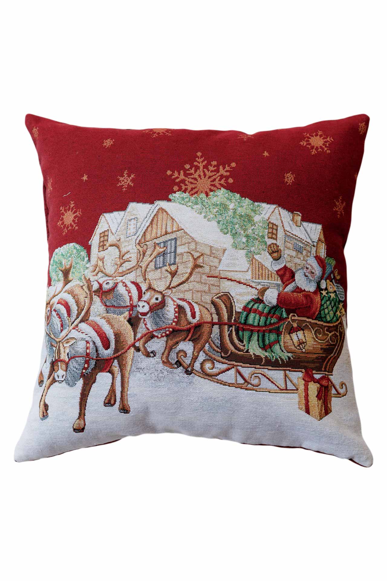 Red Christmas tapestry pillowcase with Santa Claus sleigh and reindeers