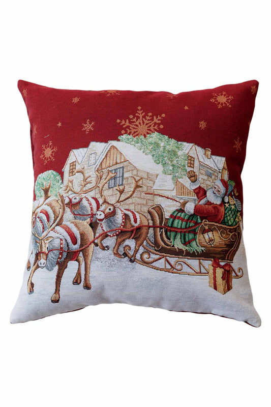 Red Christmas tapestry pillowcase with Santa Claus sleigh and reindeers