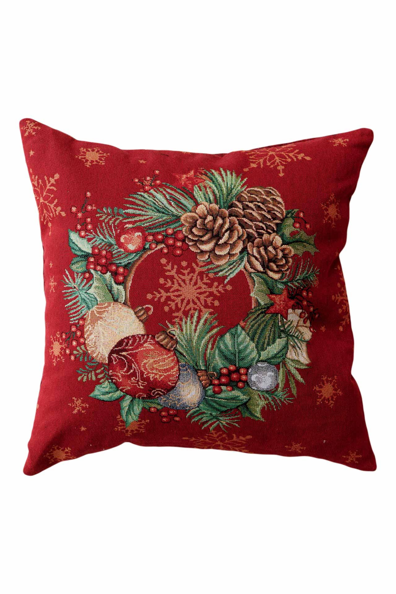 Red Christmas tapestry pillowcase with a holiday wreath, pinecones, and ornaments on a red background.