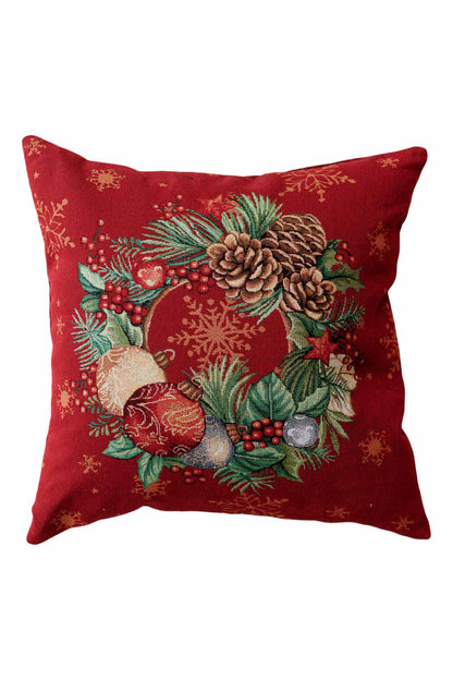 Red Christmas tapestry pillowcase with a holiday wreath, pinecones, and ornaments on a red background.