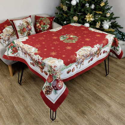 Red Christmas tapestry tablecloth with Santa and reindeer pattern on dining table, festive holiday home decor
