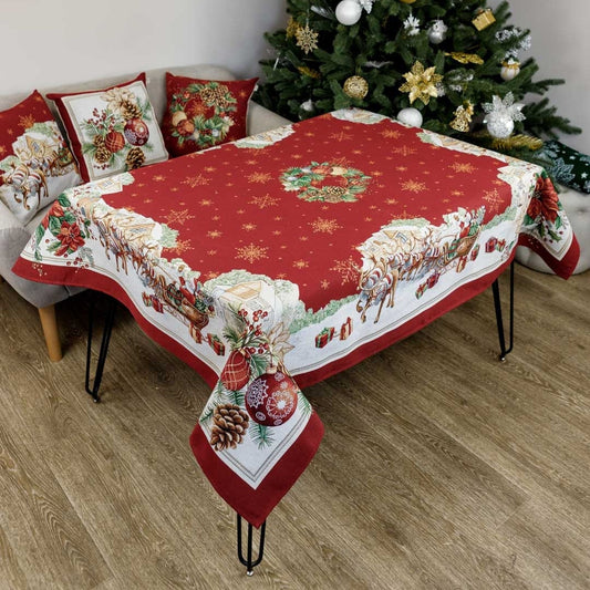 Red Christmas tapestry tablecloth with Santa and reindeer pattern on dining table, festive holiday home decor