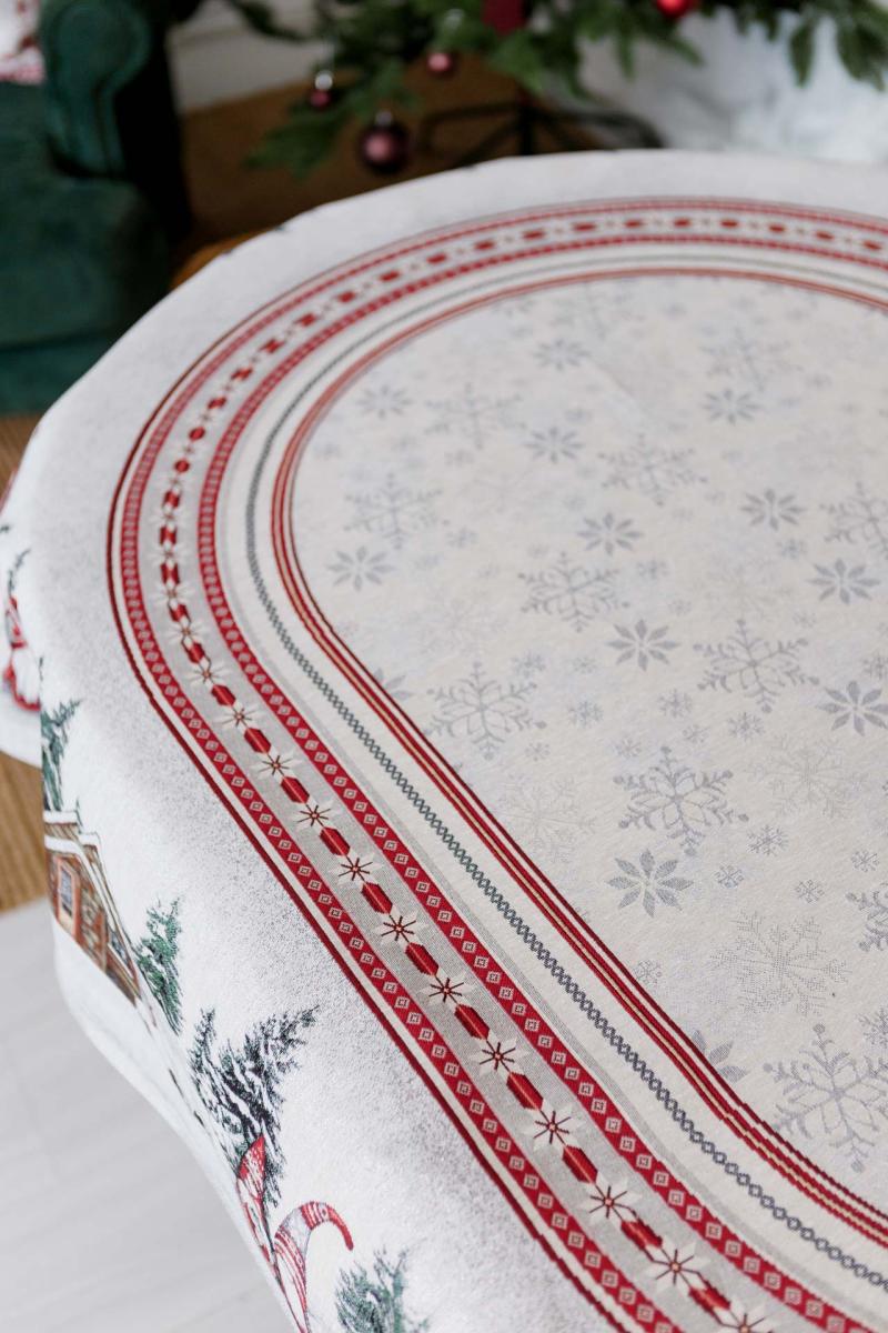 Red and white Christmas border pattern on woven tapestry holiday tablecloth