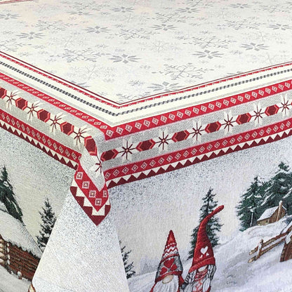 Red and white winter holiday tablecloth close-up