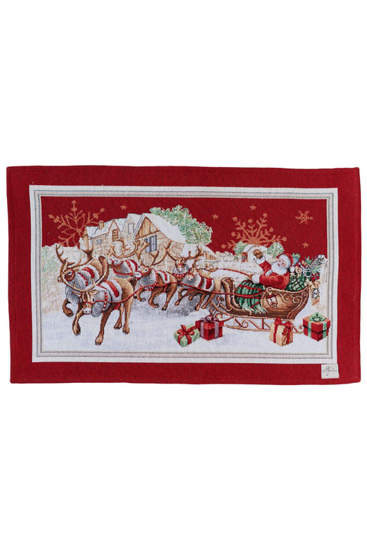 Red tapestry Christmas placemat with Santa and reindeer design