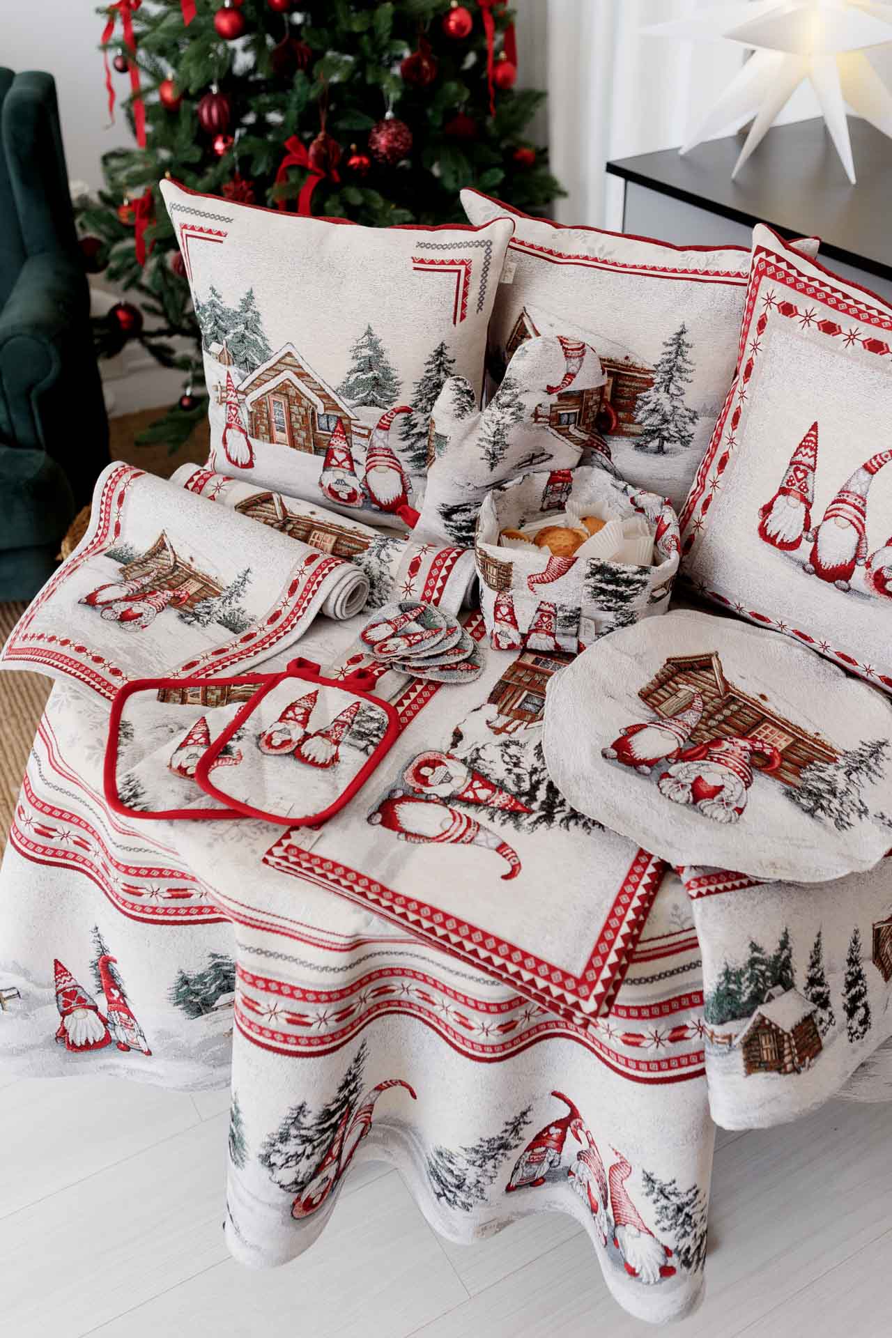 Round Christmas tablecloth with matching holiday kitchen accessories
