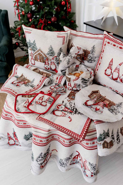 Round Christmas tablecloth with matching holiday kitchen accessories
