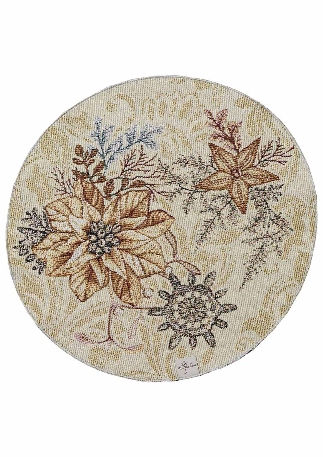 Round Christmas tapestry placemat with poinsettia floral design. Beige and gold festive holiday table decor.