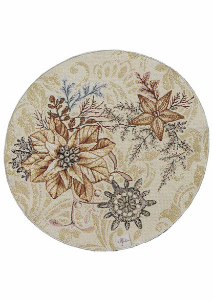 Round Christmas tapestry placemat with poinsettia floral design. Beige and gold festive holiday table decor.