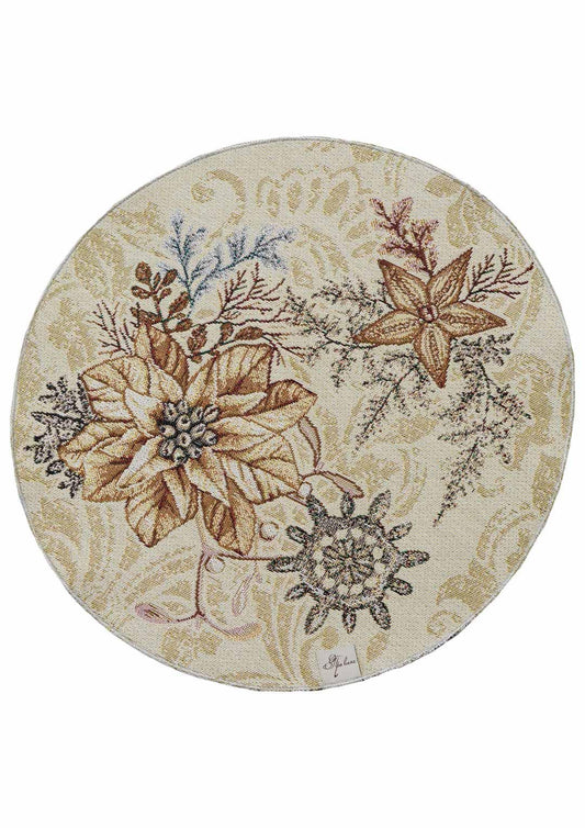 Round Christmas tapestry placemat with poinsettia floral design. Beige and gold festive holiday table decor.