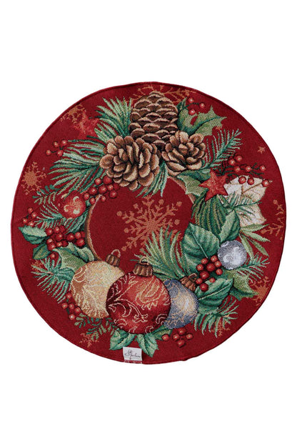 Round red tapestry Christmas placemat with pinecones, ornaments and greenery design