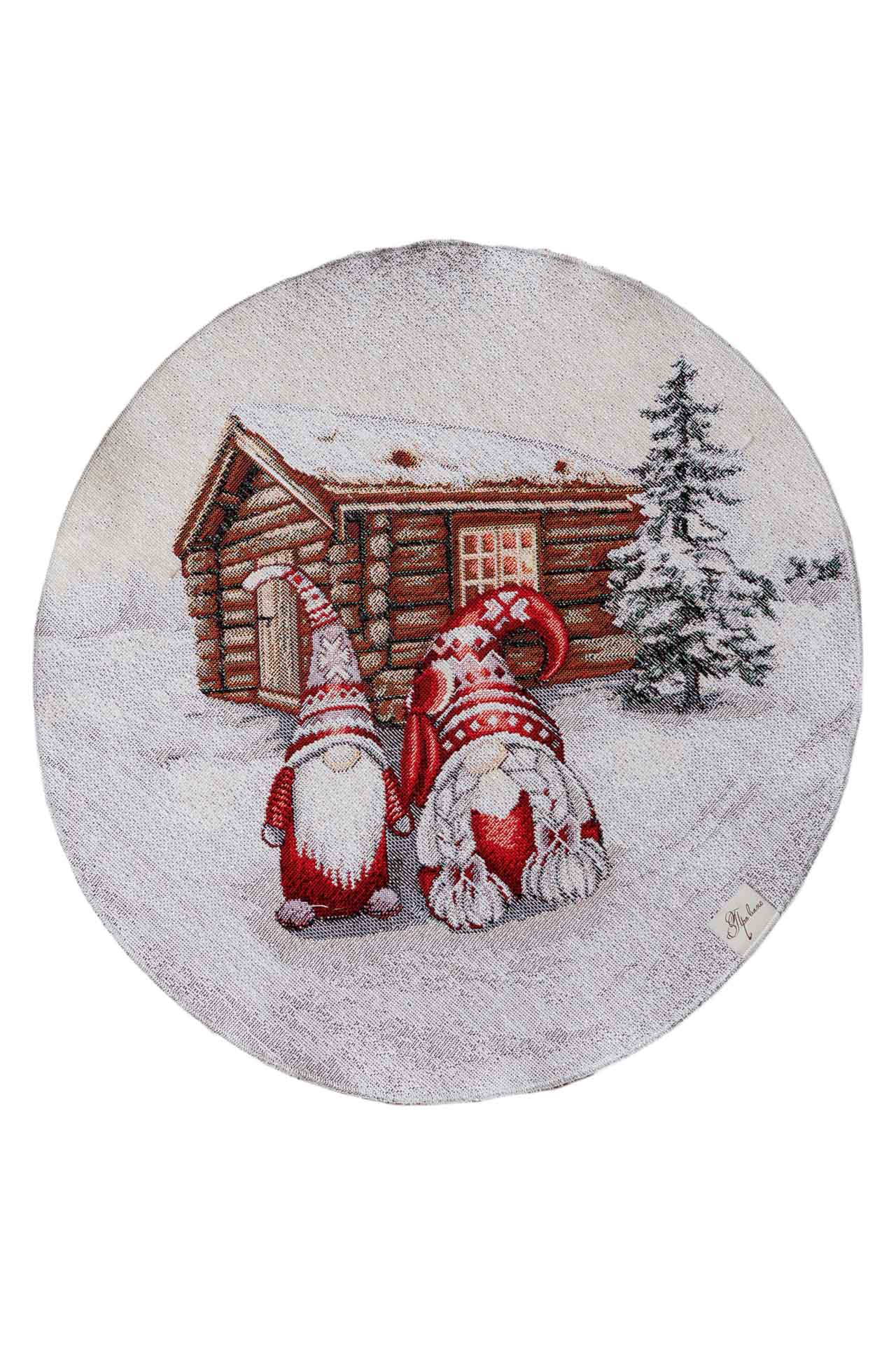 Round silver Christmas tapestry placemat with gnomes and snowy cottage pattern on white background