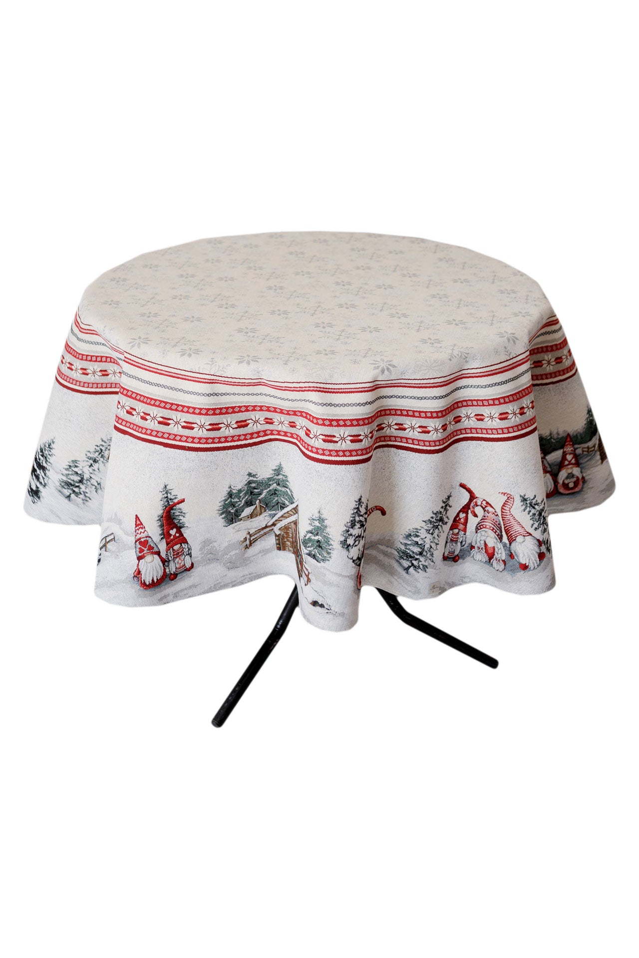 Round white Christmas tablecloth with red gnome design on white background