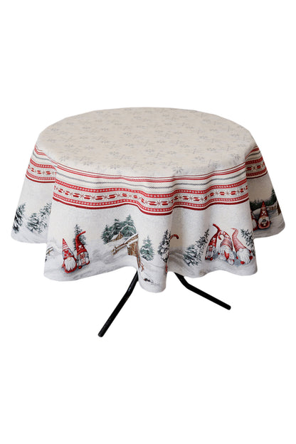 Round white Christmas tablecloth with red gnome design on white background