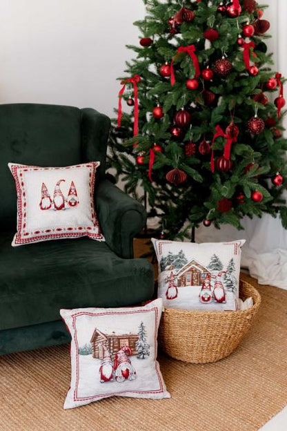 Set of 3 Christmas tapestry pillowcases with gnomes and cottage in cozy holiday interior.