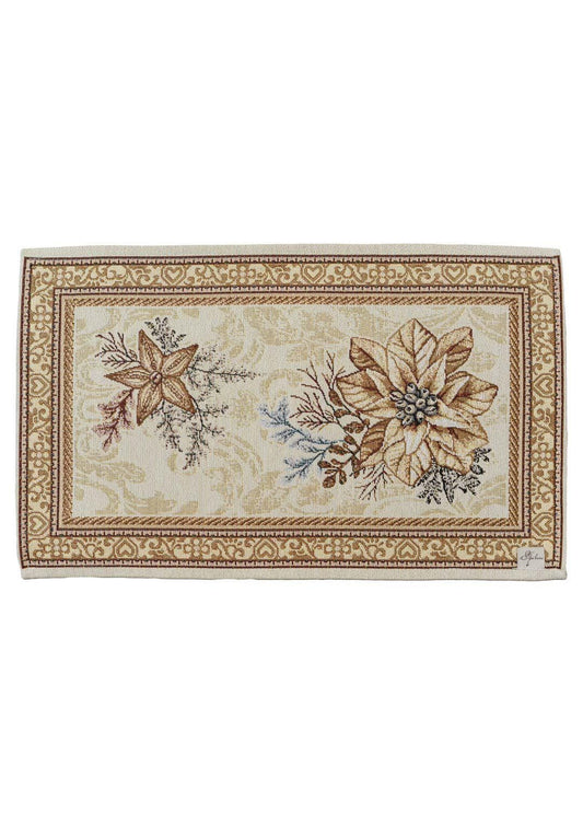 Set of Four Gold Christmas Tapestry Velour Placemats With Poinsettia Flower Pattern | Festive New Year Textile Set, Housewarming Gift