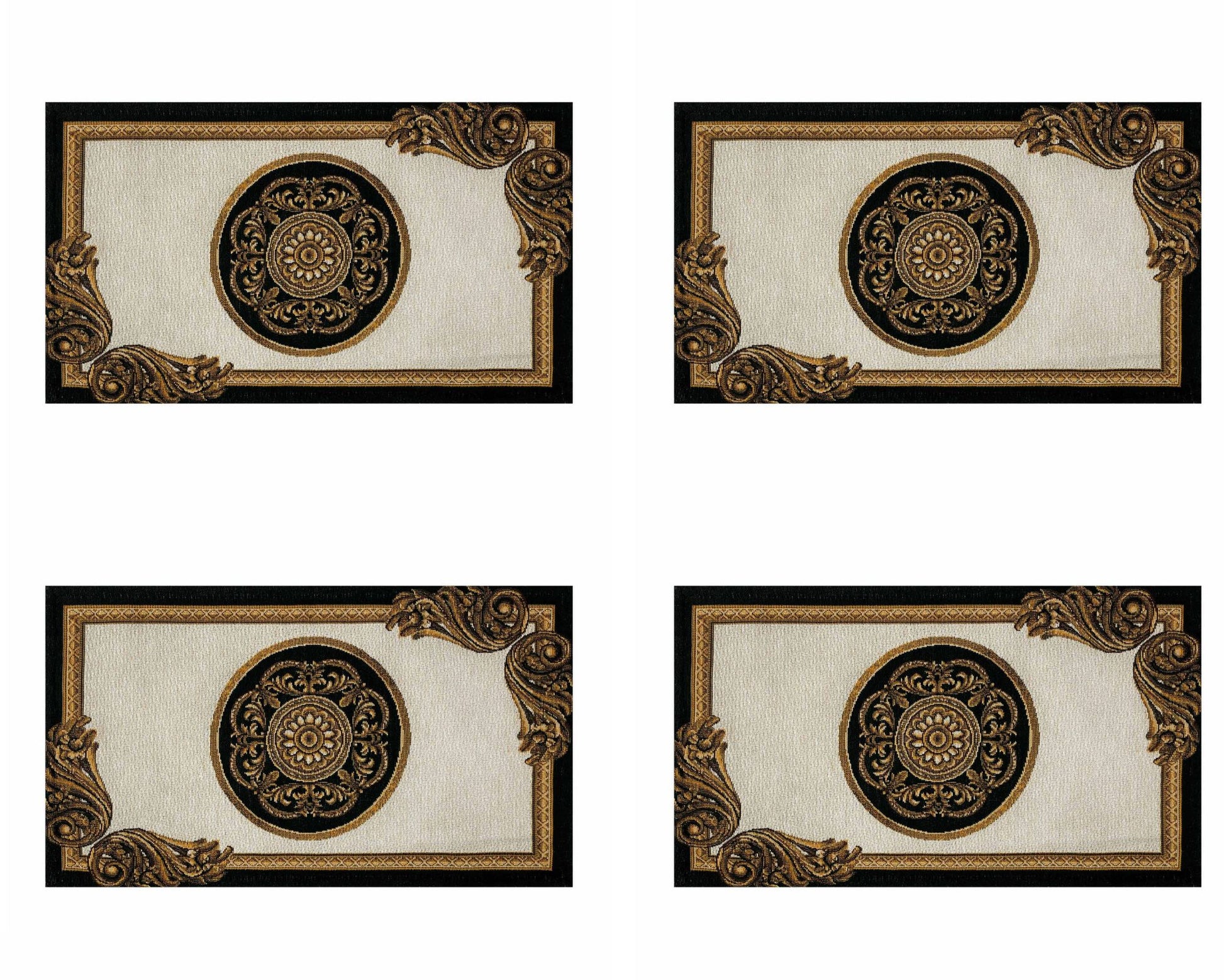 Set of four baroque tapestry placemats featuring a central gold medallion and ornate scroll design.
