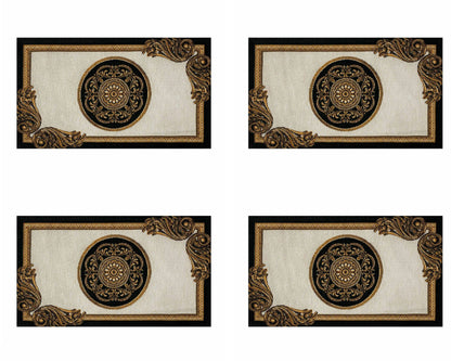Set of four baroque tapestry placemats featuring a central gold medallion and ornate scroll design.