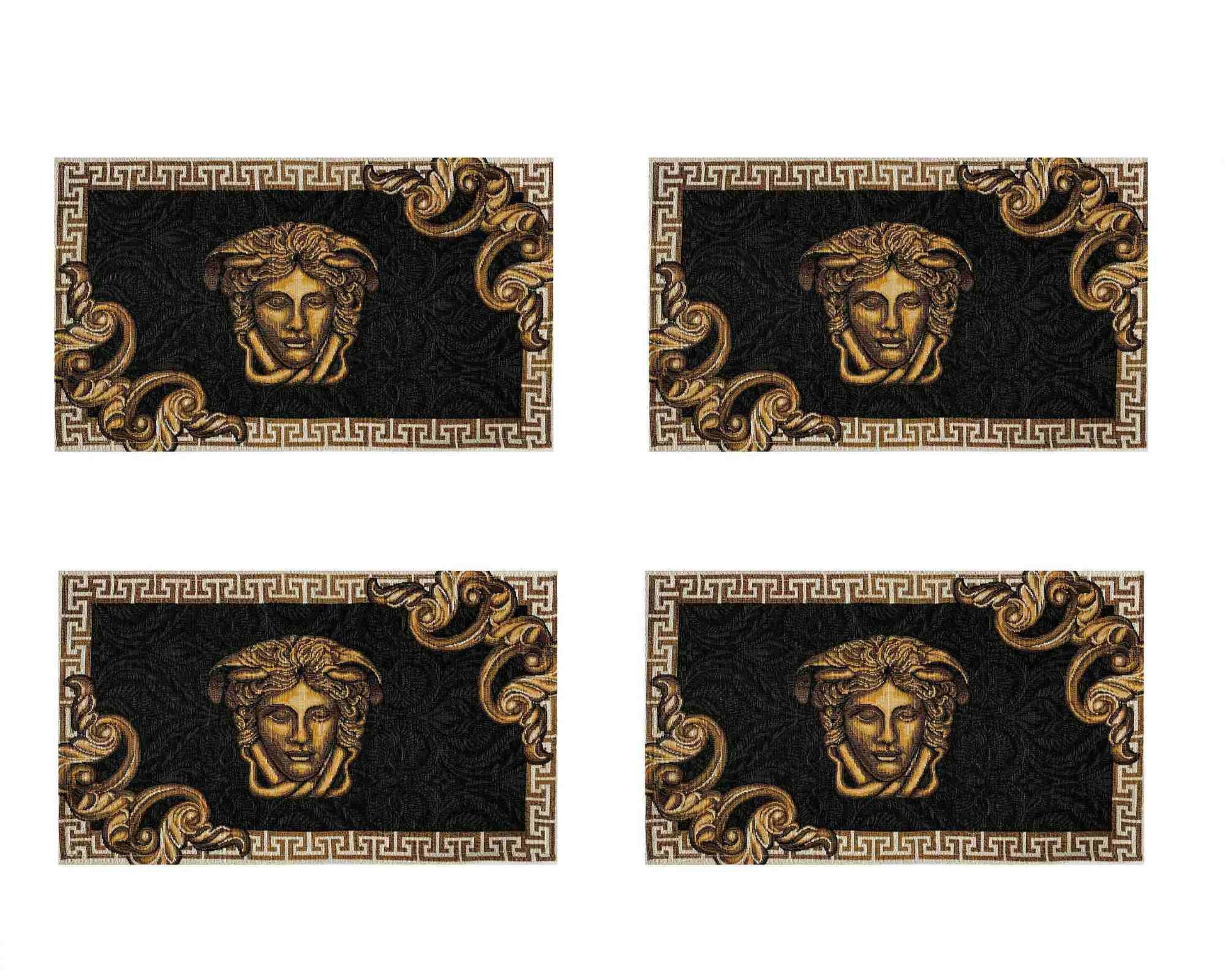 Set of four black and gold baroque tapestry placemats with Medusa design