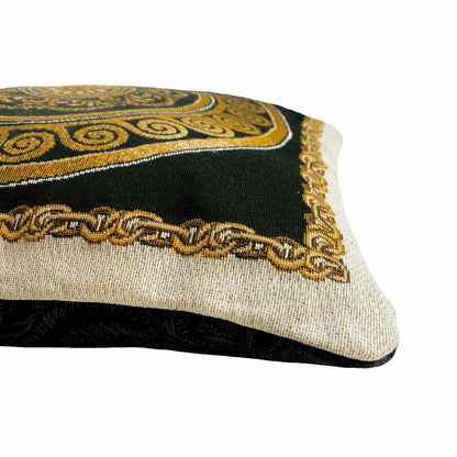 Side view of the baroque tapestry pillow highlighting texture, thickness, and gold ornamental border.