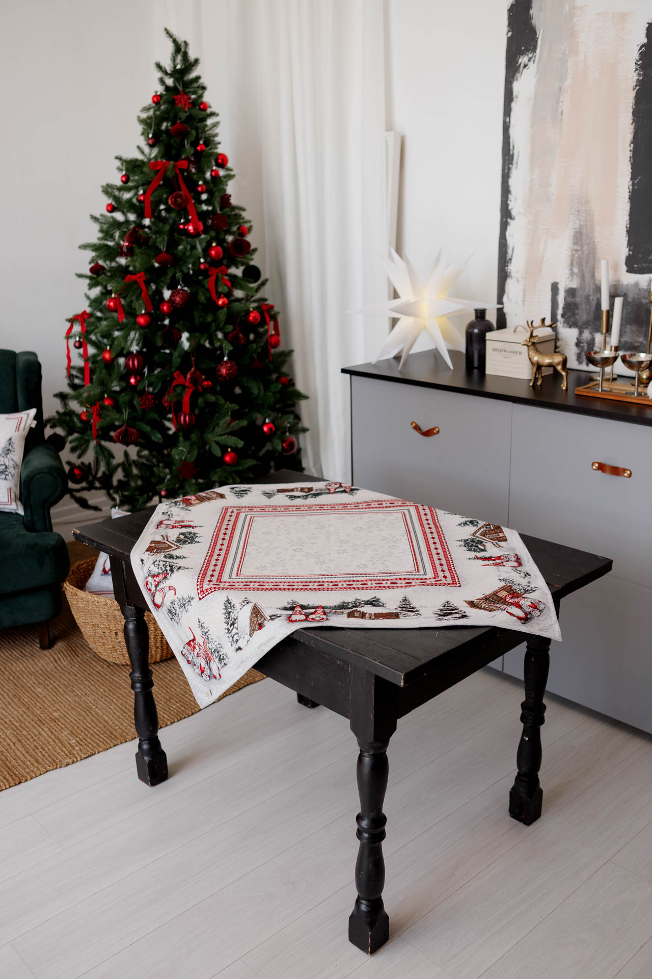 Square White Christmas tapestry tablecloth with gnomes and snowy cottage on dining table