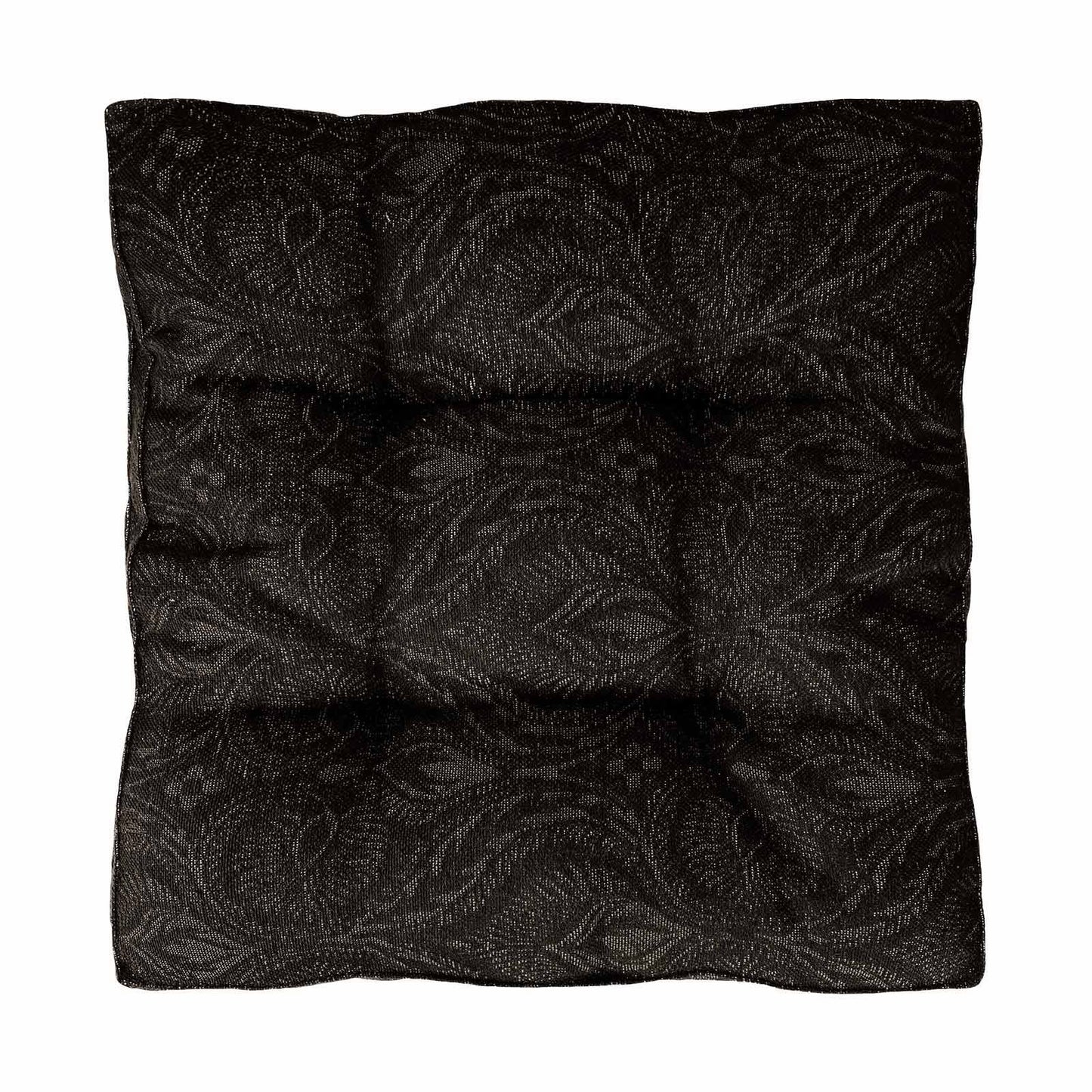 Square black baroque chair pad, top view, quilted design