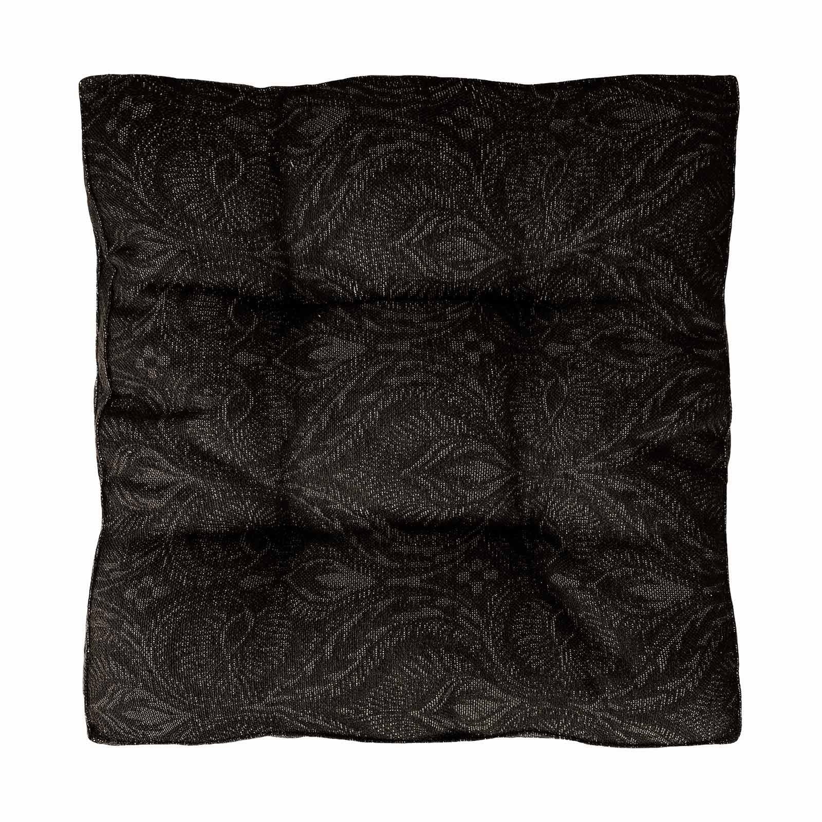 Square black baroque chair pad, top view, quilted design