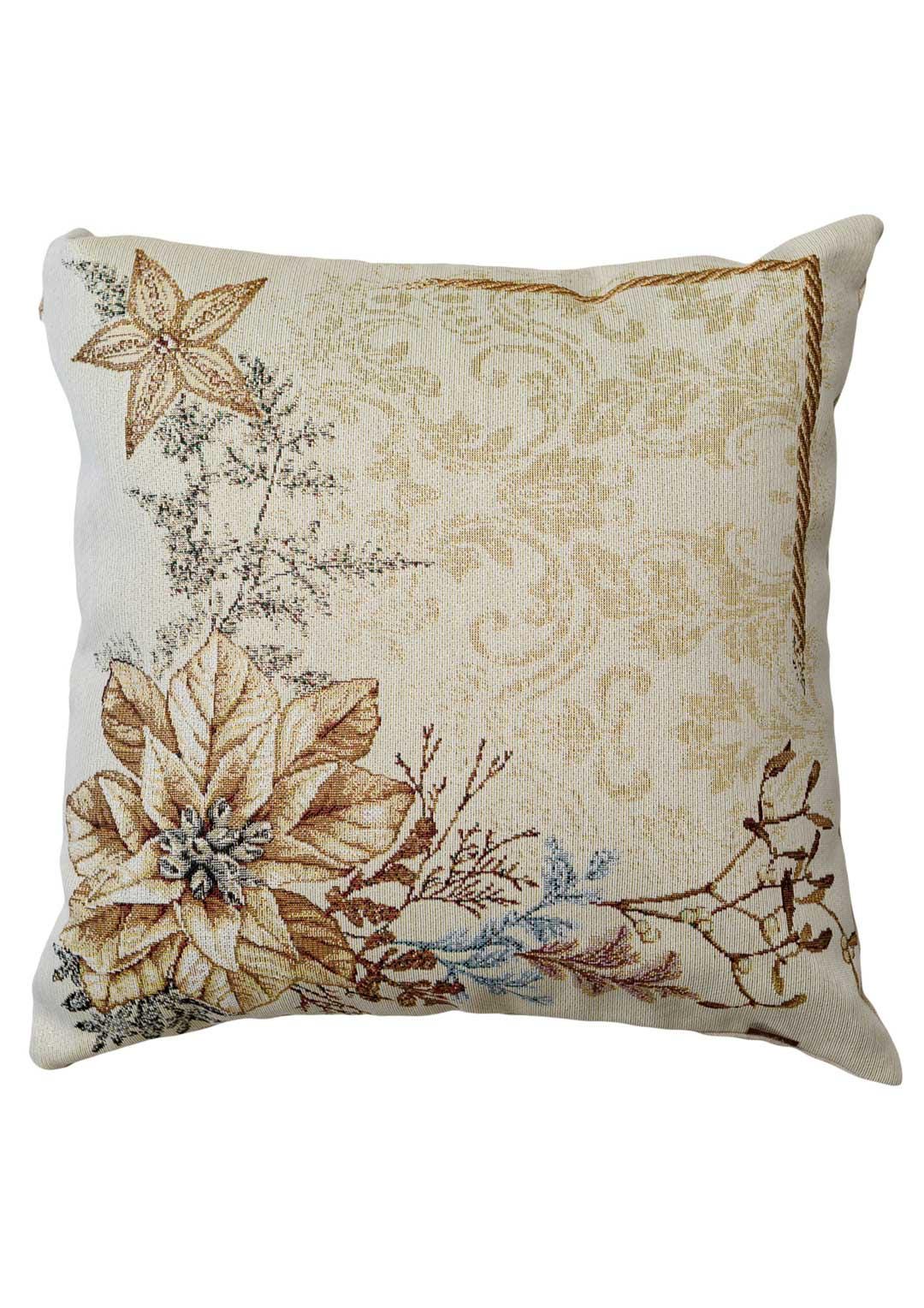 Tapestry pillowcase with Christmas poinsettia floral design. Beige and gold festive home decor. Made in Ukraine.