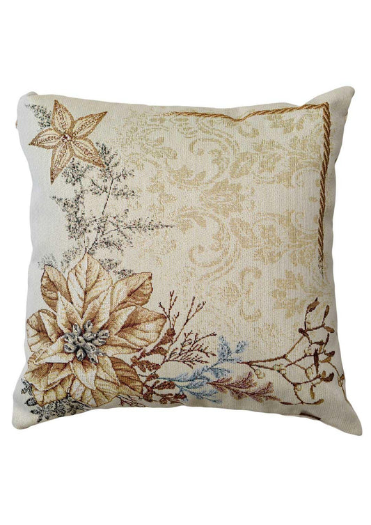 Tapestry pillowcase with Christmas poinsettia floral design. Beige and gold festive home decor. Made in Ukraine.