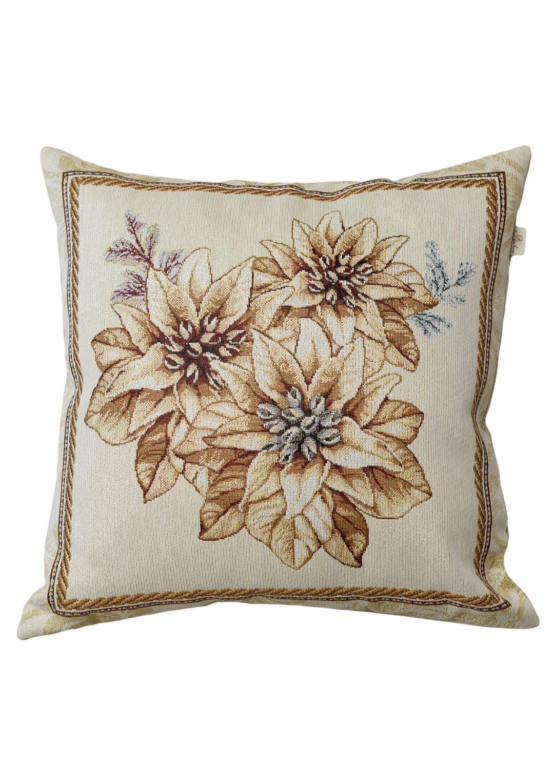 Tapestry Christmas pillowcase with poinsettia floral pattern in beige and gold. Cozy holiday home decor. Made in Ukraine.
