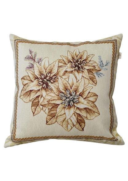 Tapestry Christmas pillowcase with poinsettia floral pattern in beige and gold. Cozy holiday home decor. Made in Ukraine.
