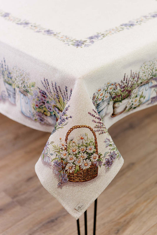 Tapestry Tablecloth with Lavender and Daisy Floral Print | Rustic French Country Table Cover, Cottage Dining Decor