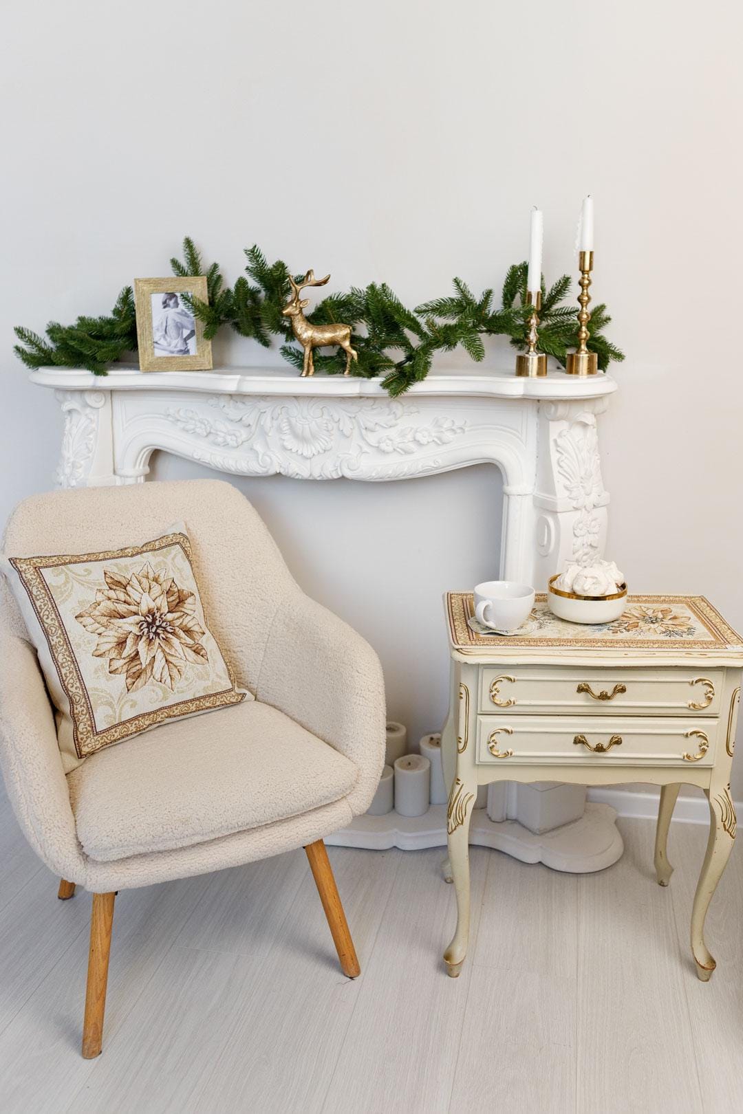 Tapestry pillowcase with Christmas poinsettia floral design. Beige and gold festive home decor. Made in Ukraine.