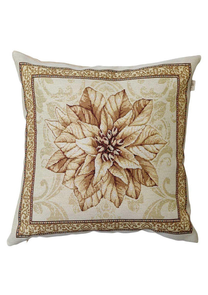 Tapestry pillowcase with Christmas poinsettia floral design. Beige and gold festive home decor. Made in Ukraine.