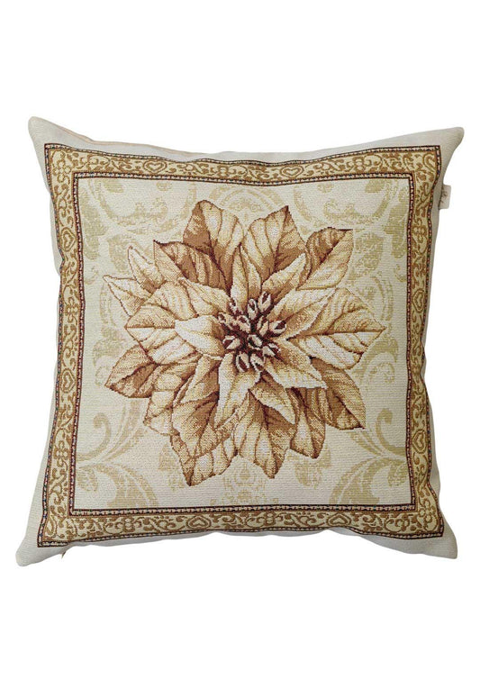 Tapestry pillowcase with Christmas poinsettia floral design. Beige and gold festive home decor. Made in Ukraine.