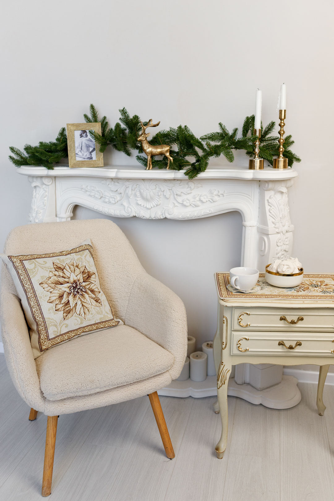 Tapestry pillowcase with Christmas poinsettia floral design. Beige and gold festive home decor. Made in Ukraine.
