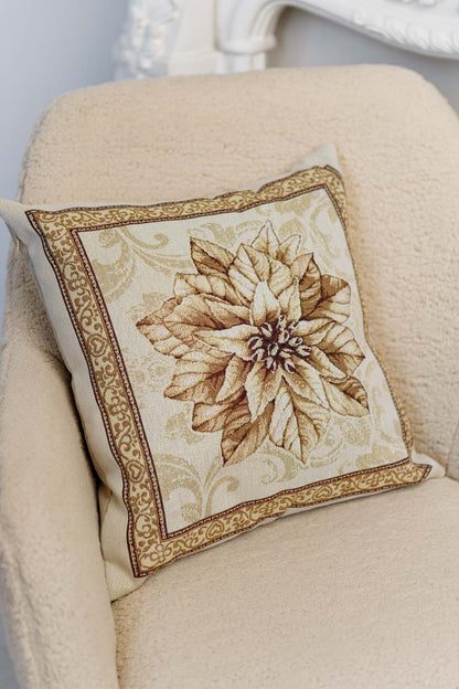 Tapestry pillowcase with Christmas poinsettia floral design. Beige and gold festive home decor. Made in Ukraine.
