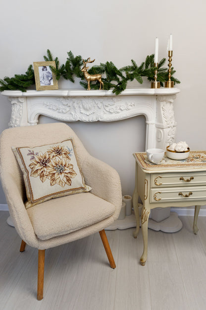 Tapestry pillowcase with Christmas poinsettia floral design. Beige and gold festive home decor. Made in Ukraine.