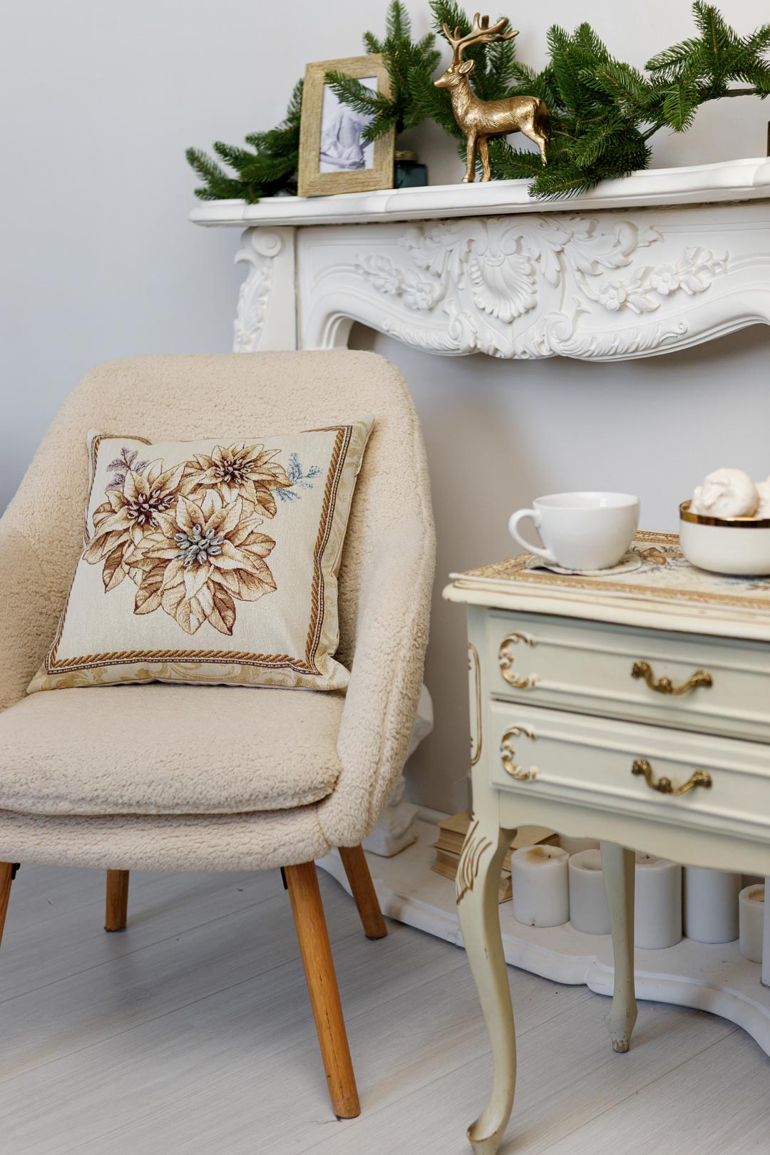 Tapestry pillowcase with Christmas poinsettia floral design. Beige and gold festive home decor. Made in Ukraine.