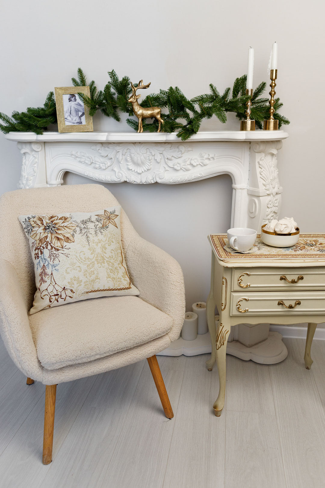 Tapestry pillowcase with Christmas poinsettia floral design. Beige and gold festive home decor. Made in Ukraine.